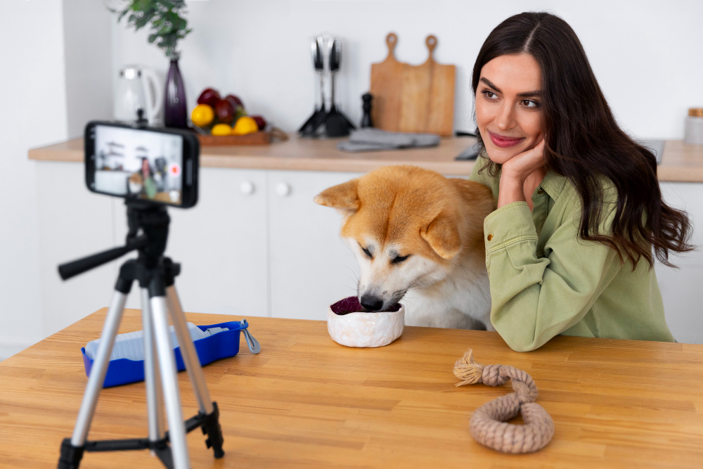 A women with her dog creating content